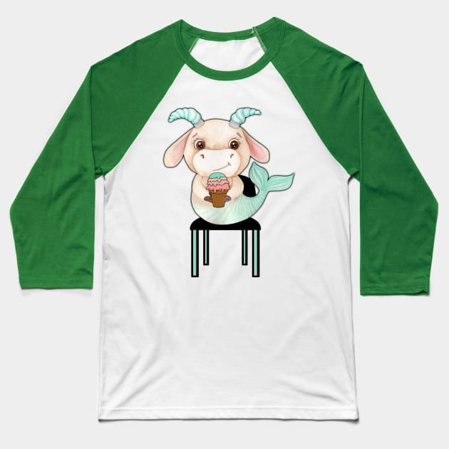 Kawaii Capricorn sitting on a chair and eating ice cream. Cute Capricorn gift idea Baseball T-Shirt by alcoshirts